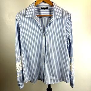 Karl Lagerfeld Striped Lace Accent Long Sleeve Blue White Button Up Women 8